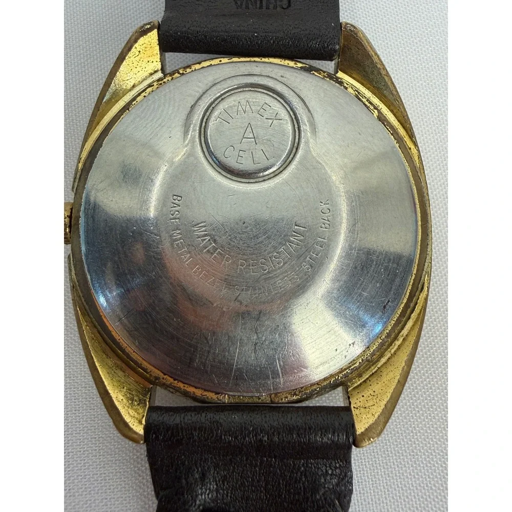 Vintage Timex Electric Dynabeat Gold Tone Day Date Watch Black Braided Leather